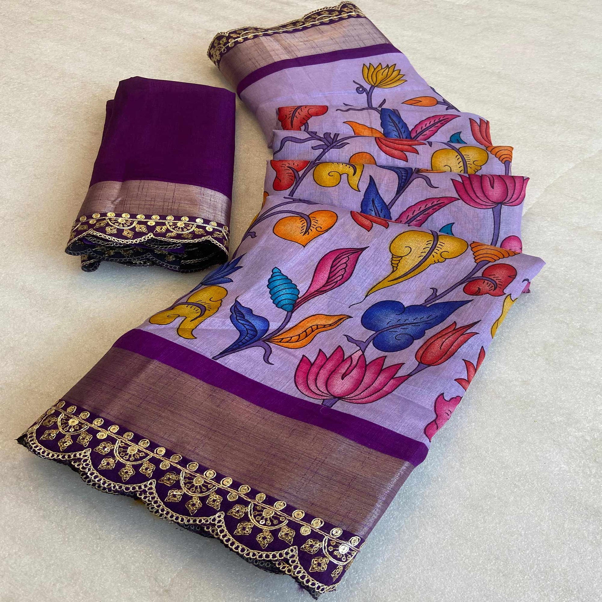 Lavender Floral Printed Dola Silk Saree With Sequins Border