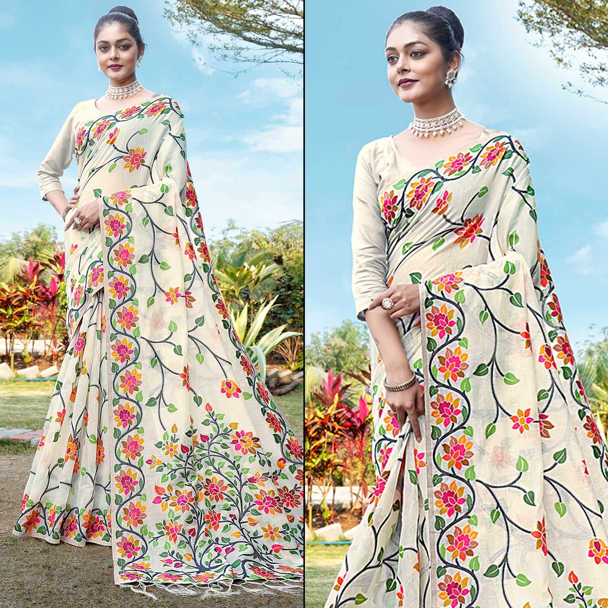 Cream Floral Woven Cotton Silk Saree With Tassels