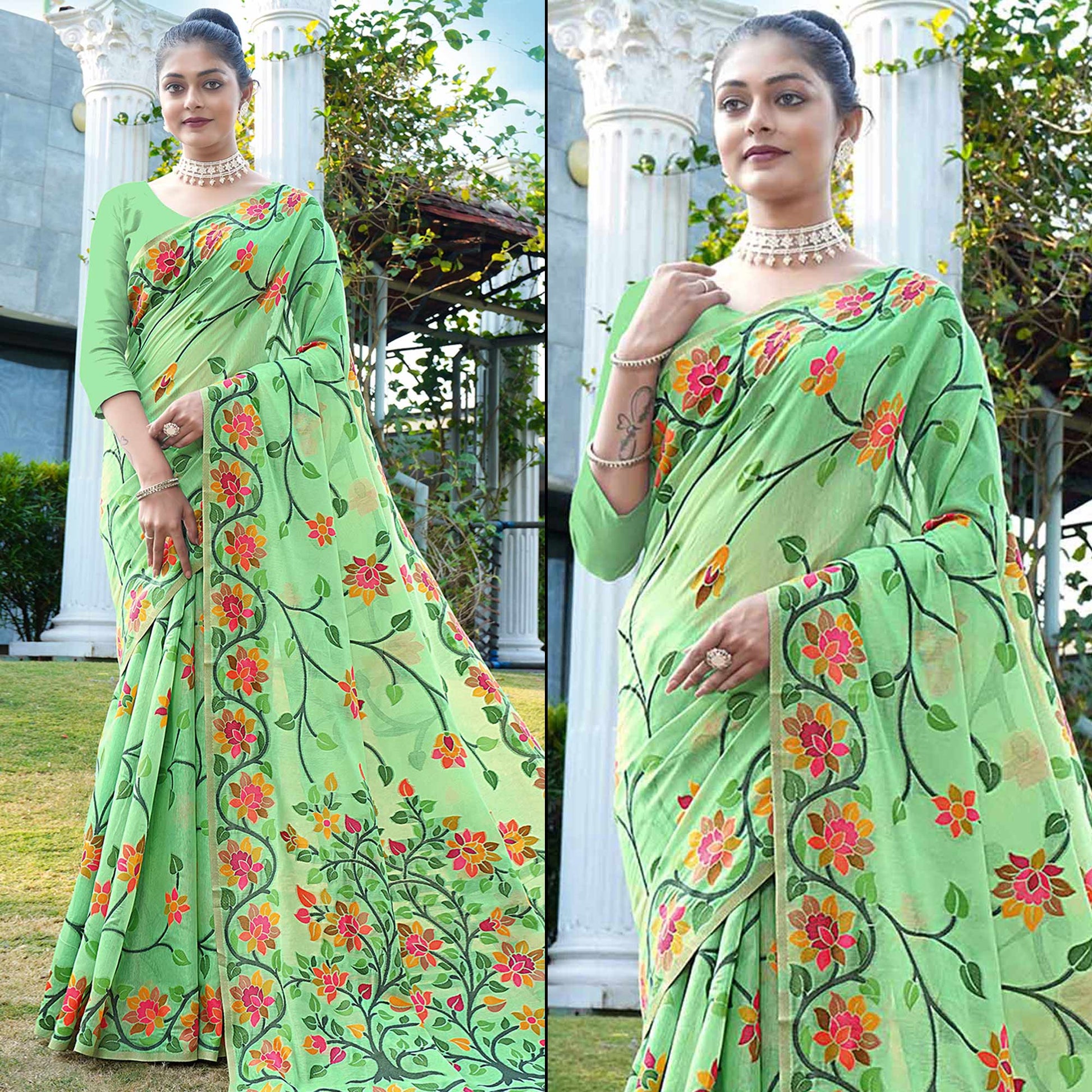 green-floral-woven-cotton-silk-saree-with-tassels-1
