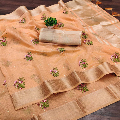 Light Orange Floral Embroidered Cotton Silk Saree With Zari Border