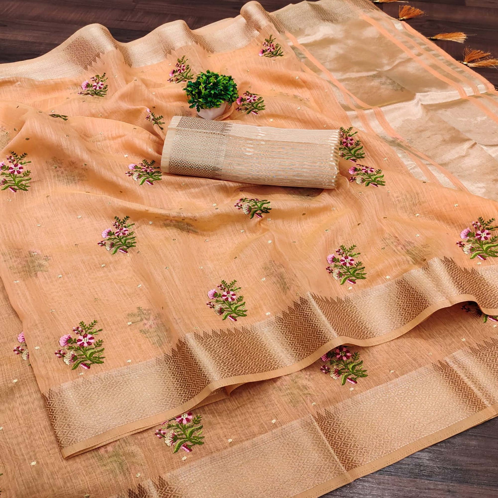 Light Orange Floral Embroidered Cotton Silk Saree With Zari Border