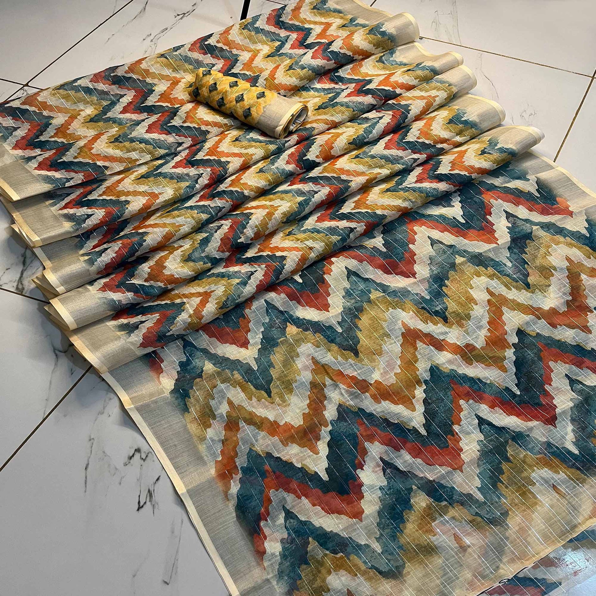 Multicolor Digital Printed Linen Saree