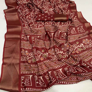 Maroon Printed Dola Silk Saree With Jacquard Border