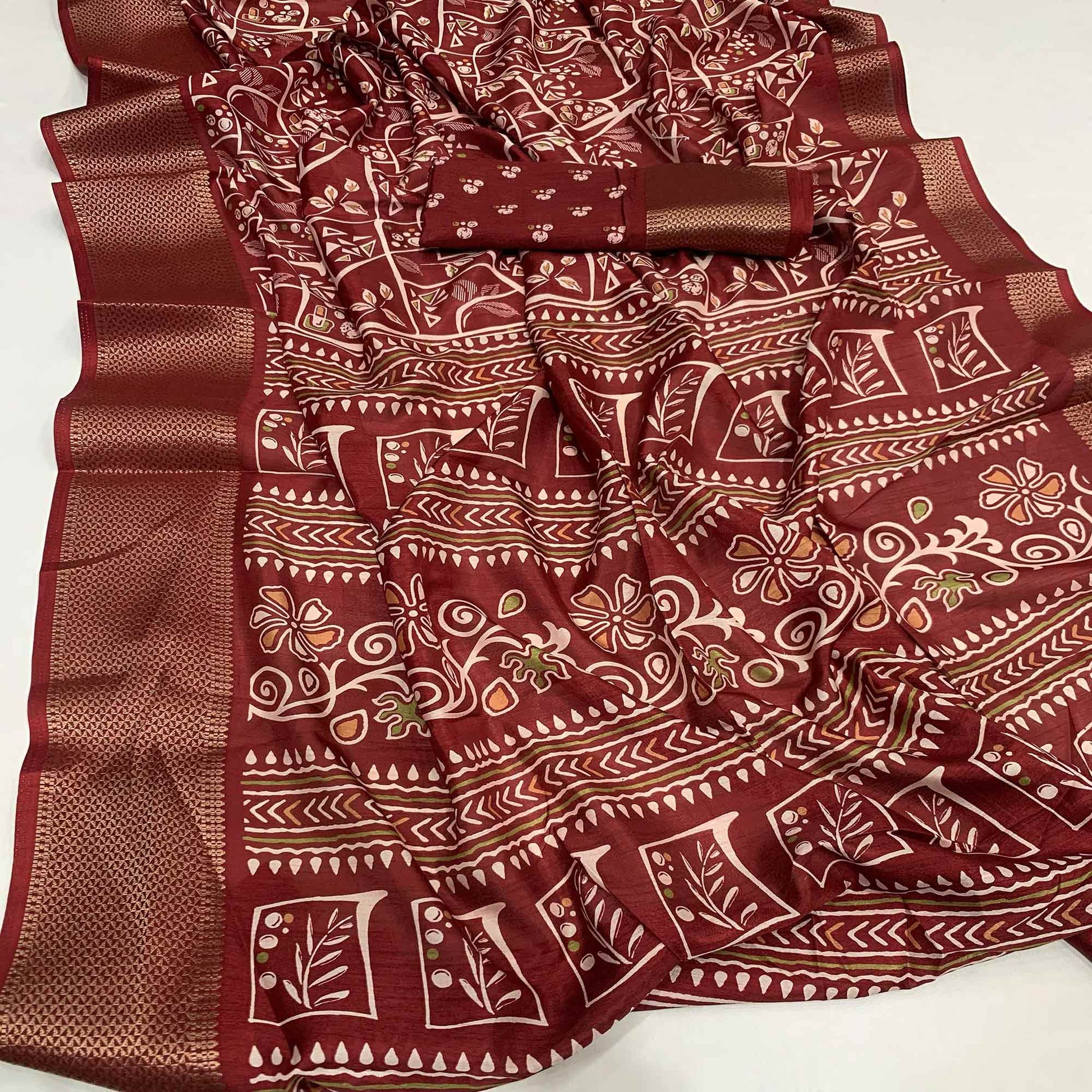 Maroon Printed Dola Silk Saree With Jacquard Border