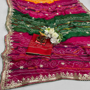 Multicolor Bandhani Printed Georgette Saree With Tassels