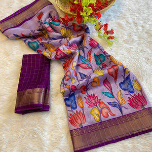 Lavender Floral Printed Dola Silk Saree With Zari Border