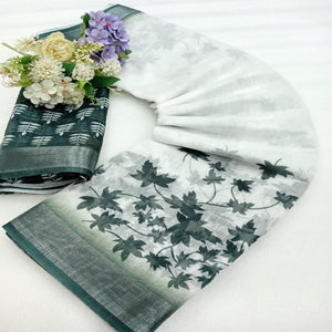green-floral-printed-linen-saree-10