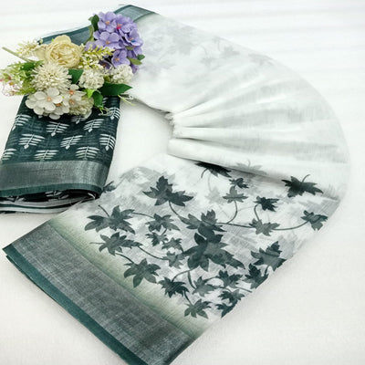 green-floral-printed-linen-saree-10