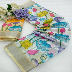 Multicolor Floral Printed Linen Saree