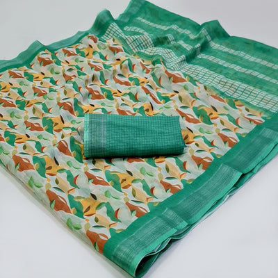 Multicolor Floral Digital Printed Linen Saree with Zari Border