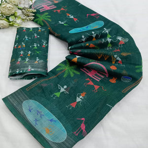 green-digital-printed-linen-saree-4