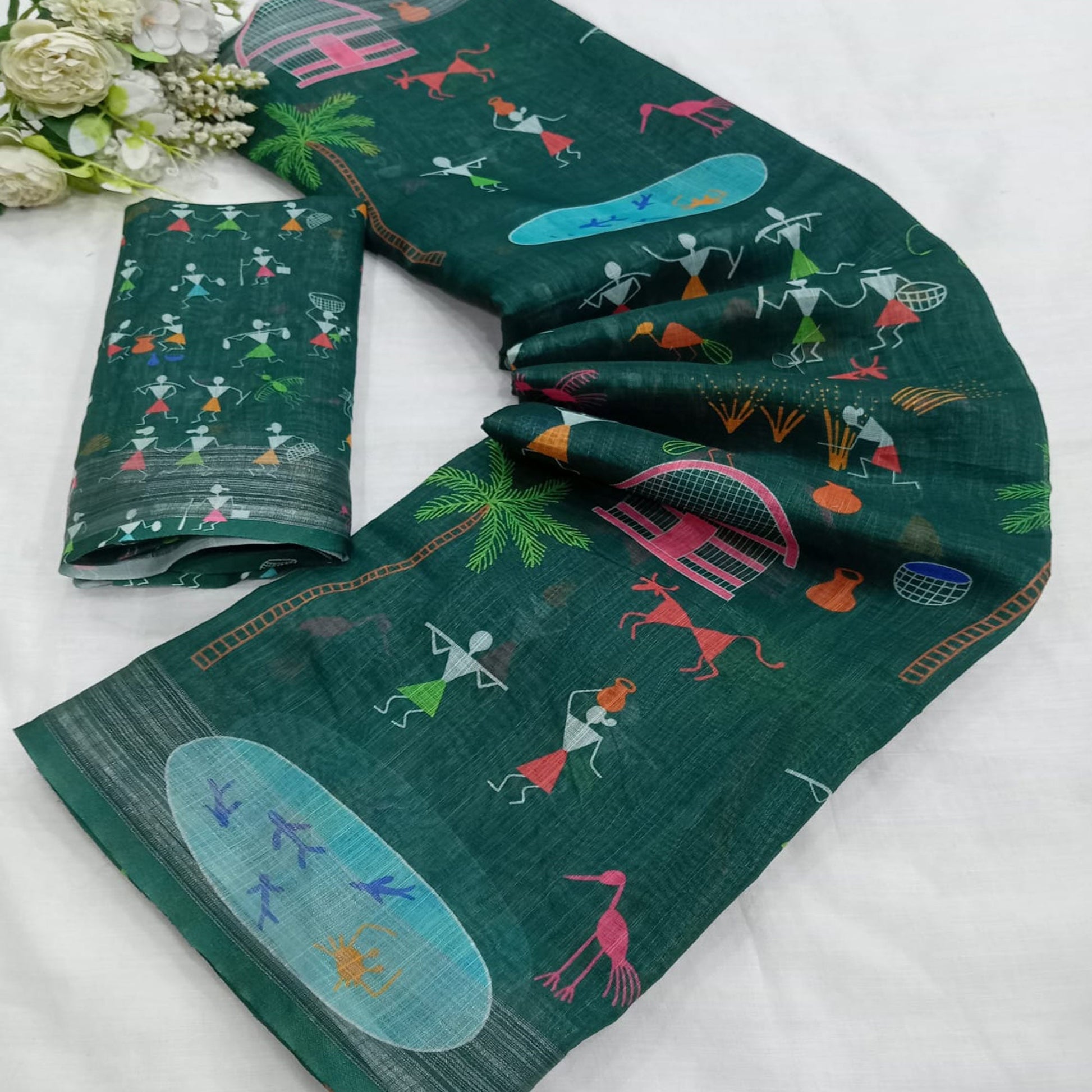 green-digital-printed-linen-saree-4