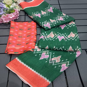 green-ikkat-printed-linen-saree-1