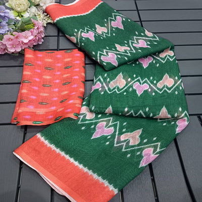 green-ikkat-printed-linen-saree-1