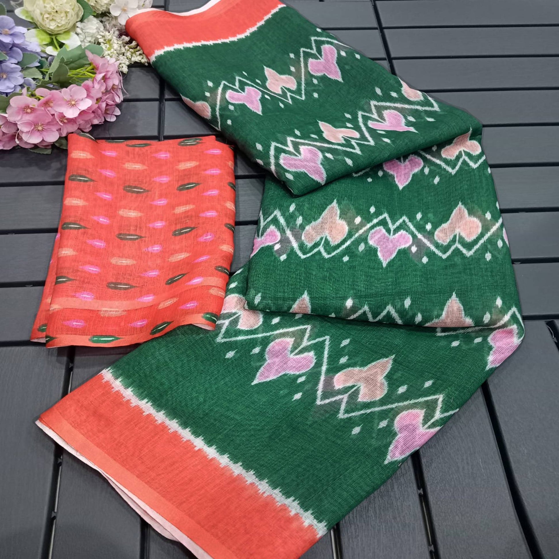 green-ikkat-printed-linen-saree-1