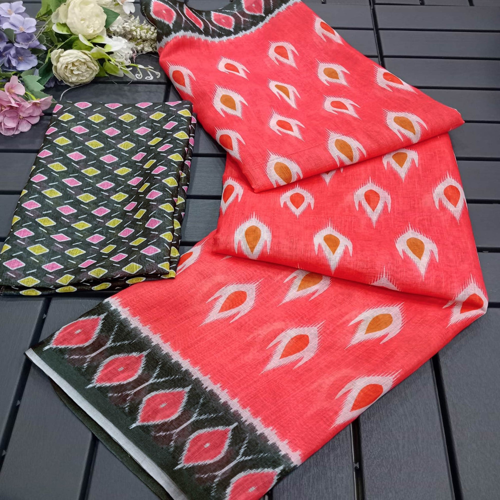 Gajri Pink Ikkat Printed Linen Saree