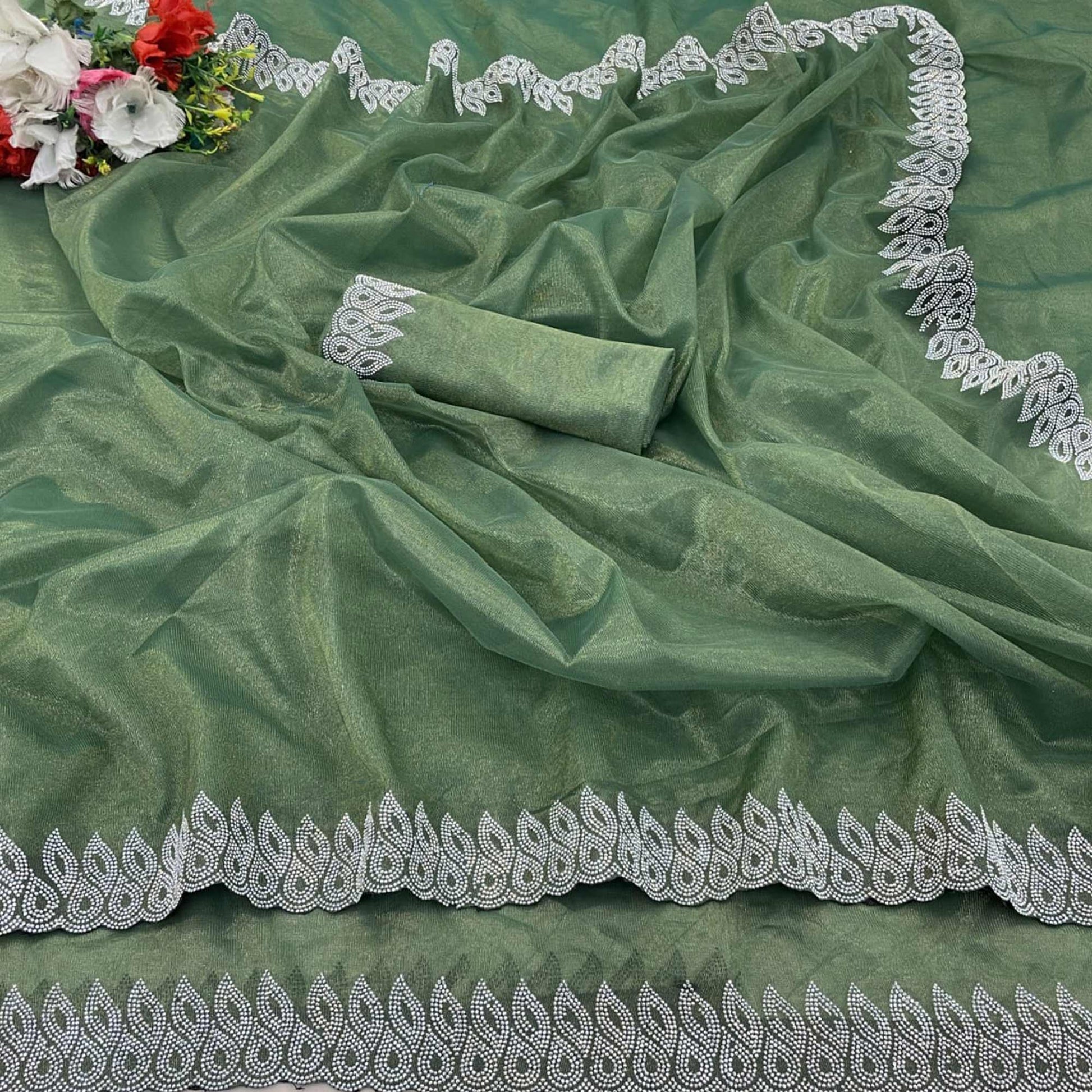 green-stone-work-embroidered-twill-gold-net-saree