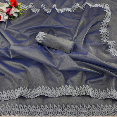 Grey Stone Work Embroidered Twill Gold Net Saree