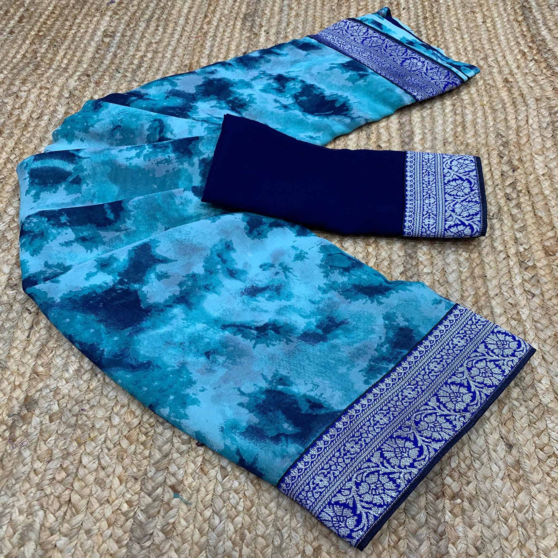 Blue Tie Dye Printed Georgette Saree