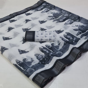 White Printed Linen Saree