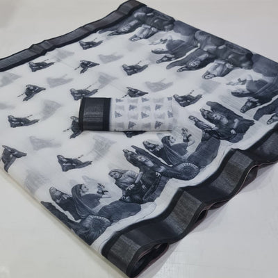 White Printed Linen Saree