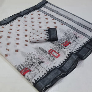 White Printed Linen Saree