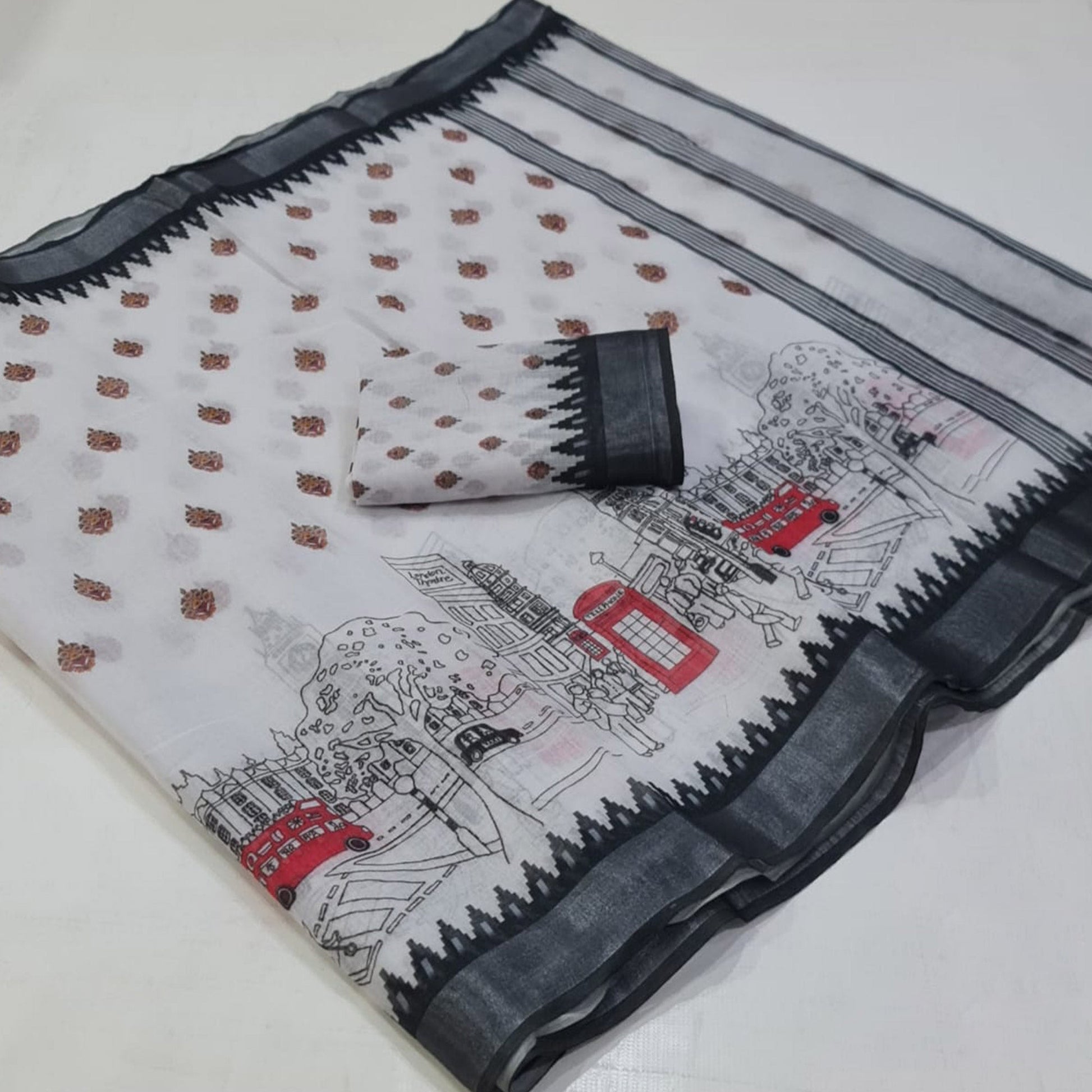 White Printed Linen Saree