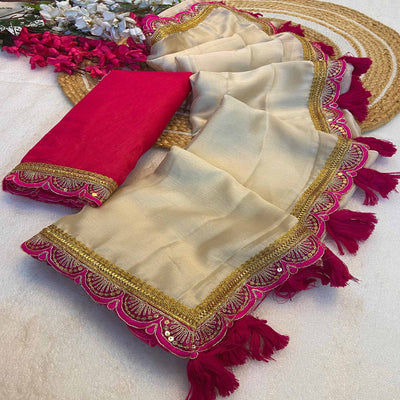 Cream Solid With Sequins Embroidered Moss Chiffon Saree