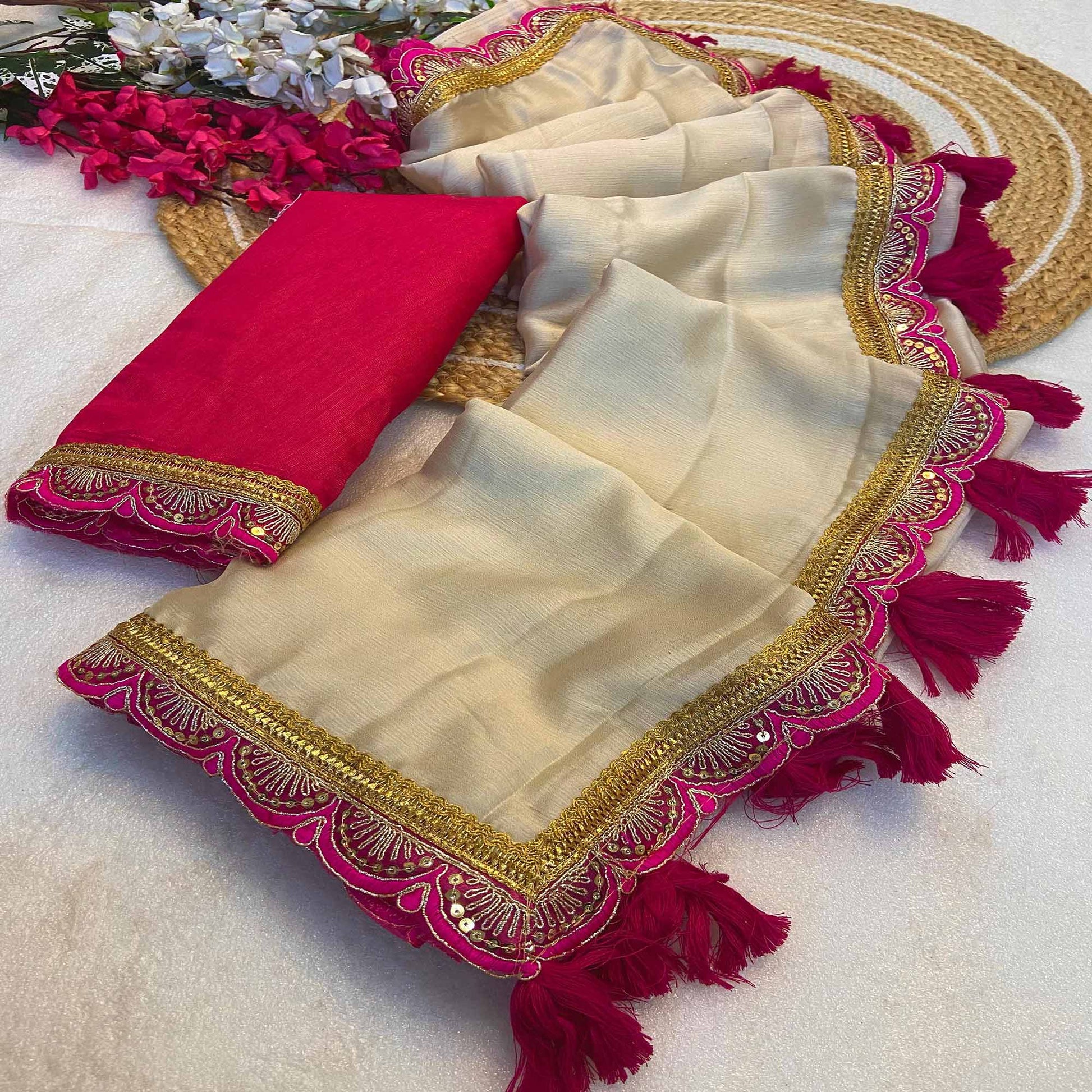 Cream Solid With Sequins Embroidered Moss Chiffon Saree