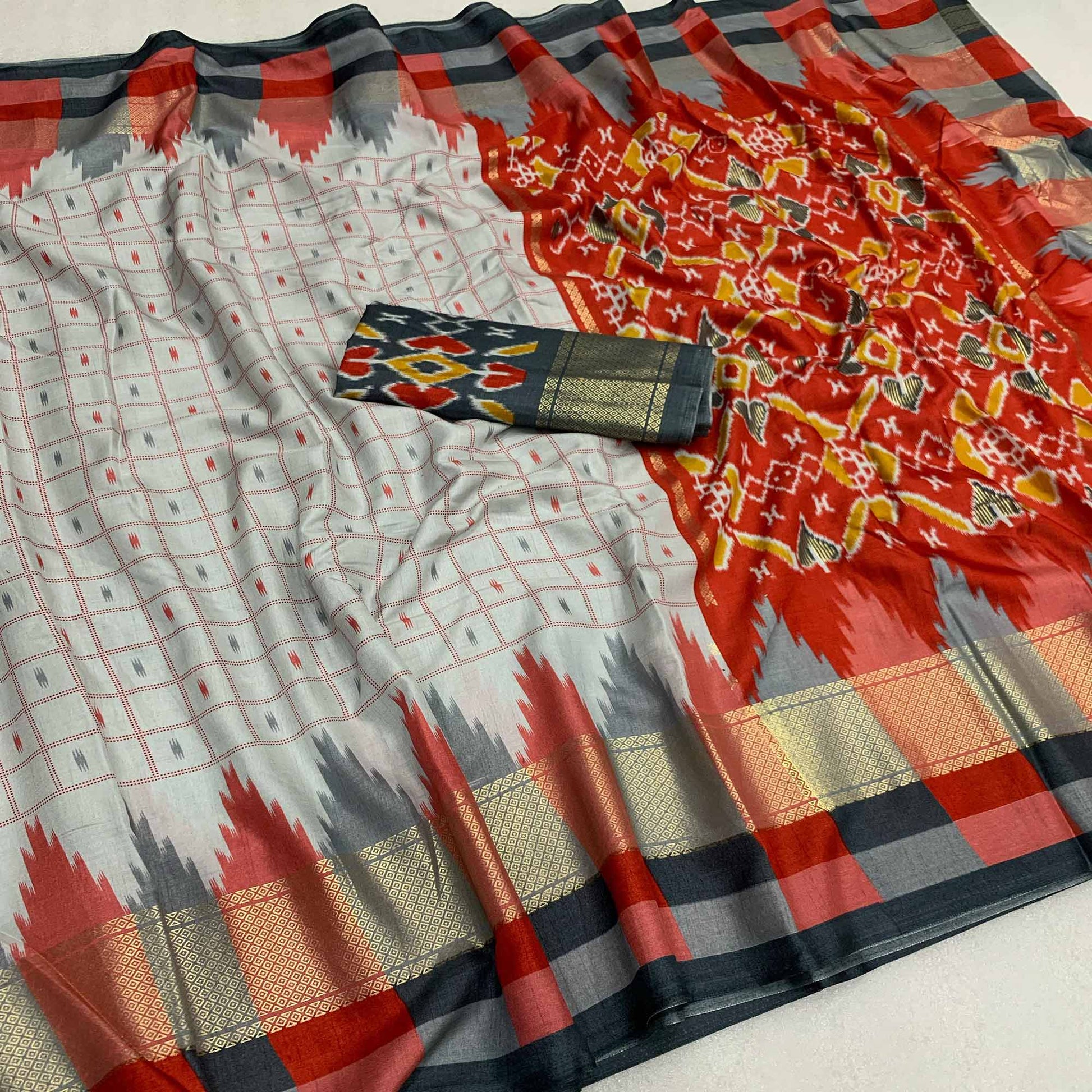 Grey Patola Printed Dola Silk Saree