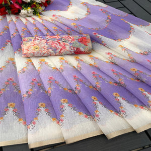Lavender Floral Digital Printed Chanderi Cotton Saree
