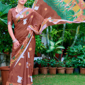 Brown Floral Printed Linen Saree