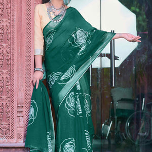 Dark Green Floral Printed Linen Saree