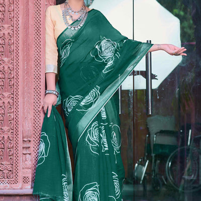 Dark Green Floral Printed Linen Saree