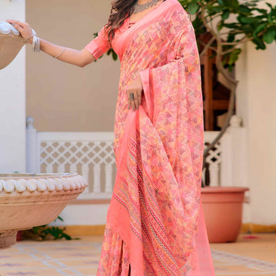 Gajri Pink Geometric Printed Linen Saree