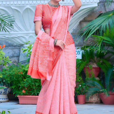 Gajri Pink Bandhani Printed Linen Saree