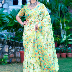 green-floral-printed-linen-saree-3
