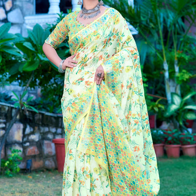 green-floral-printed-linen-saree-3