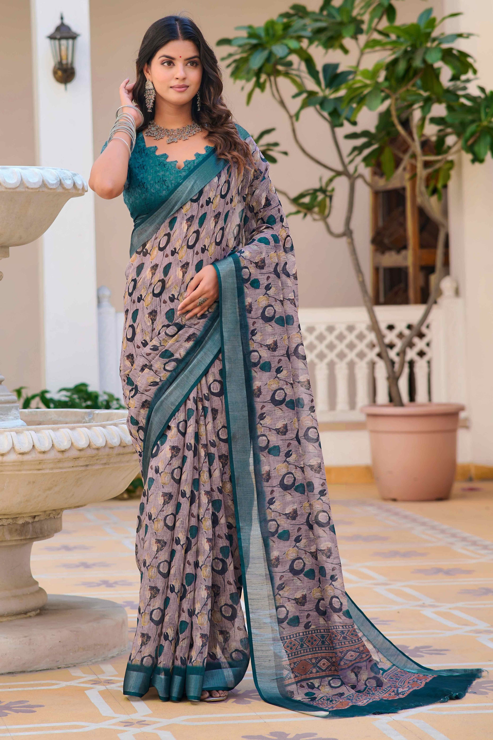 grey-floral-printed-linen-saree-3