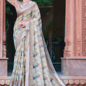 Light Brown Geometric Printed Linen Saree