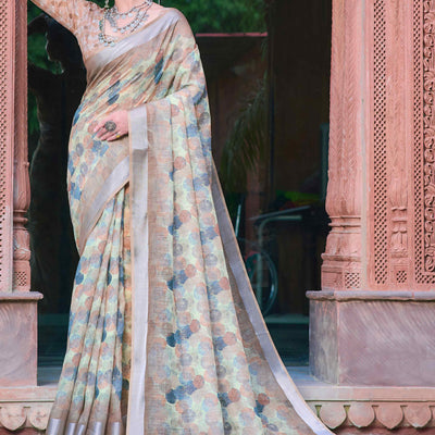 Light Brown Geometric Printed Linen Saree