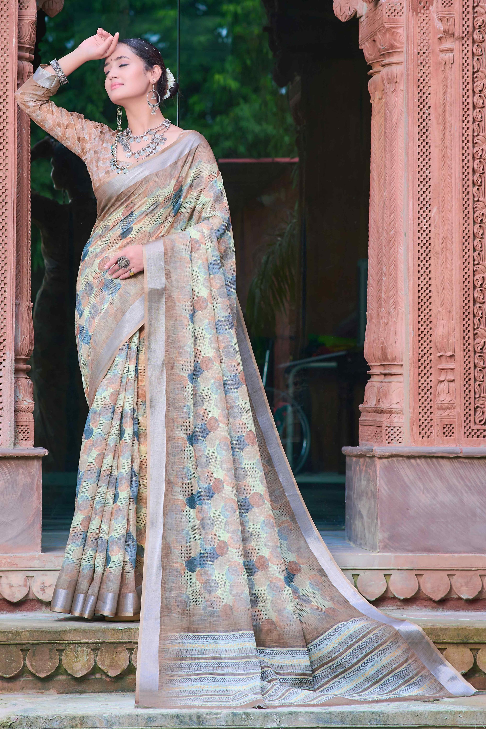Light Brown Geometric Printed Linen Saree
