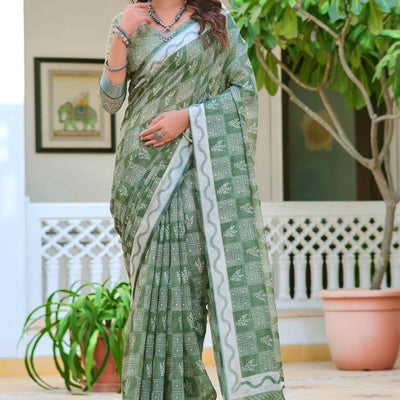 Light Green Floral Printed Linen Saree