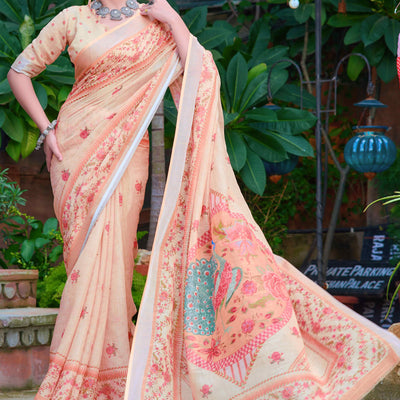Light Peach Floral Printed Linen Saree