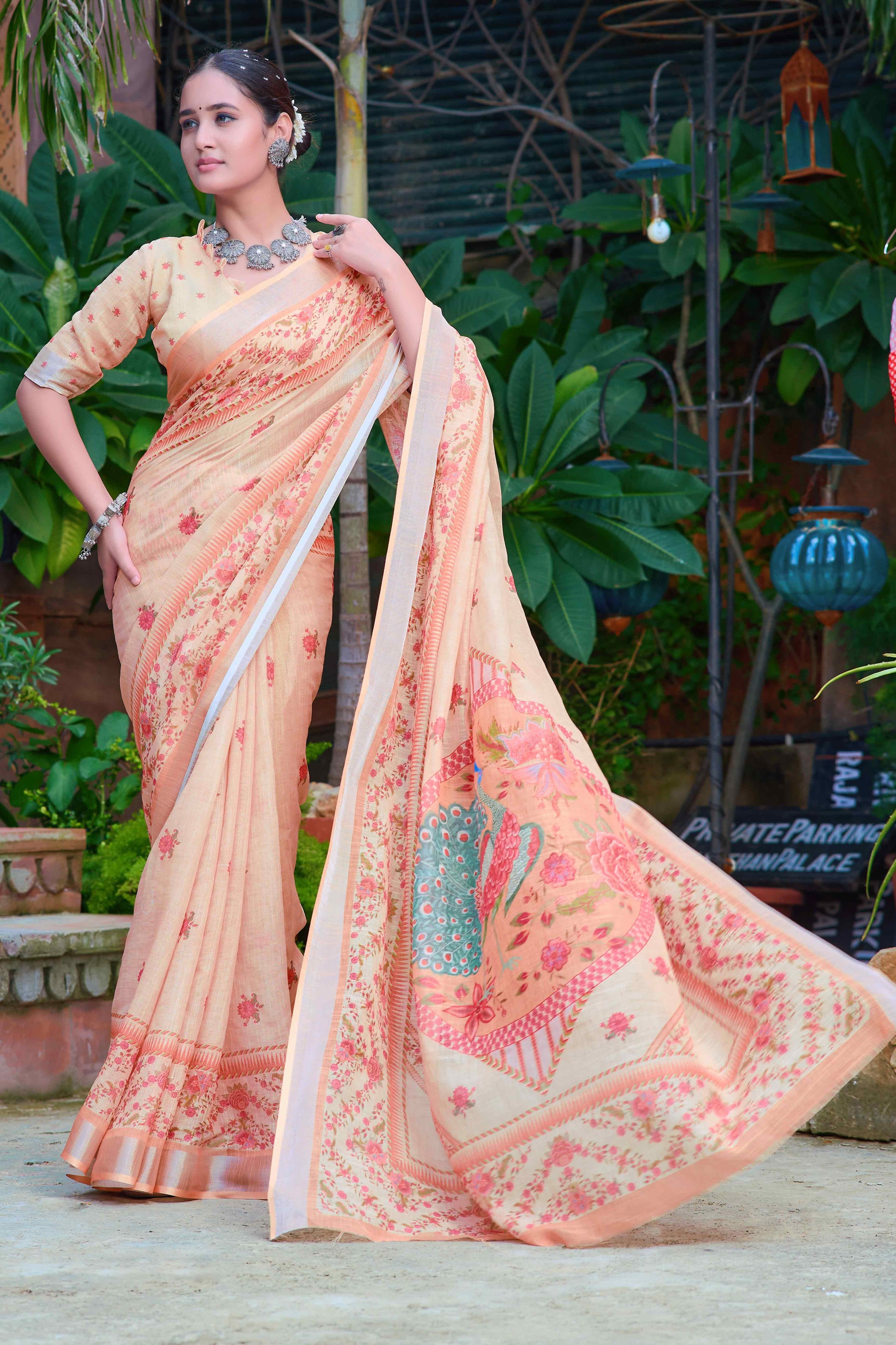 Light Peach Floral Printed Linen Saree