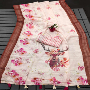 Cream Digital Print Linen Saree