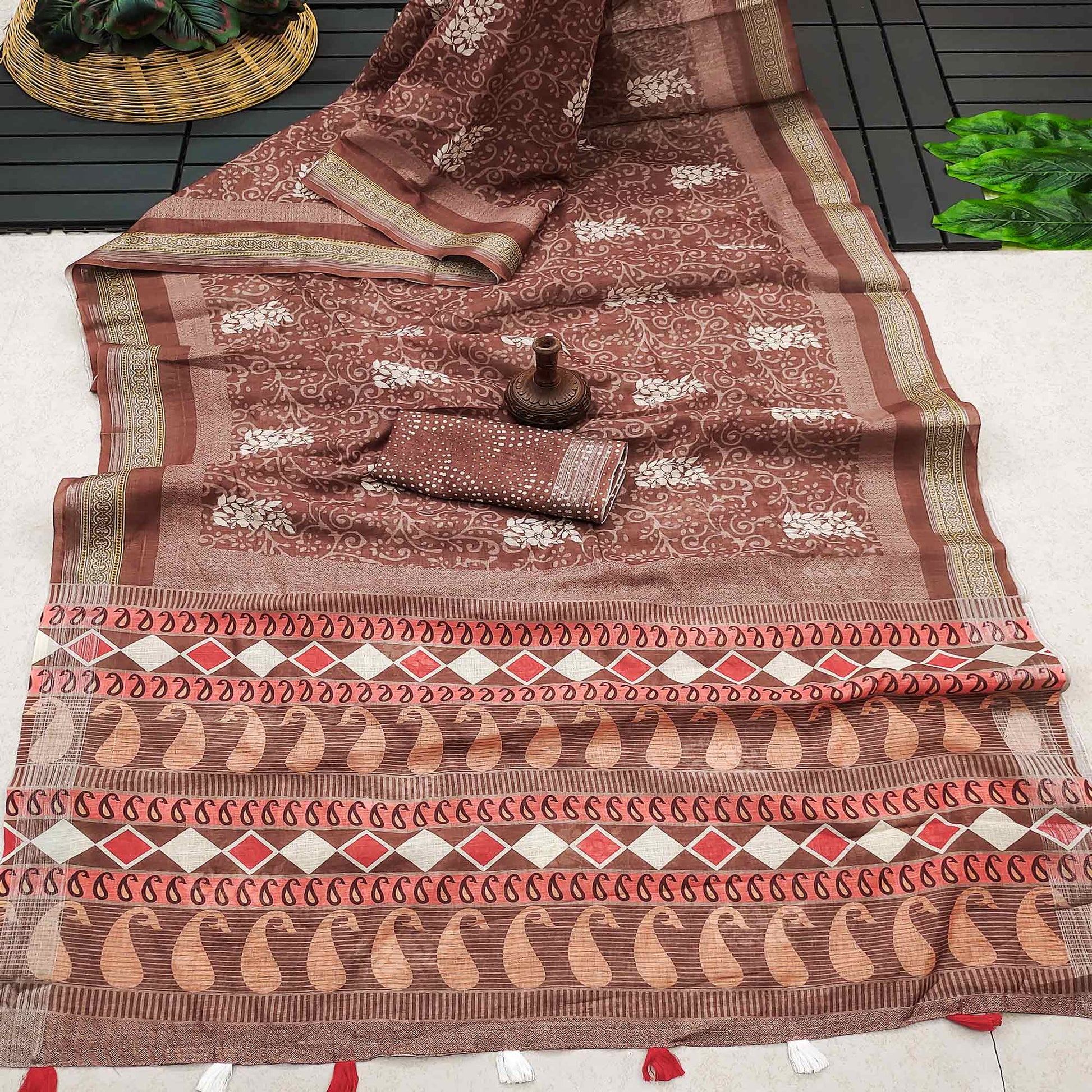Brown Printed Linen Saree