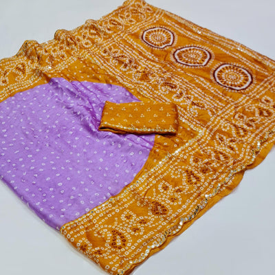Lavender & Yellow Bandhani Printed Chiffon Saree