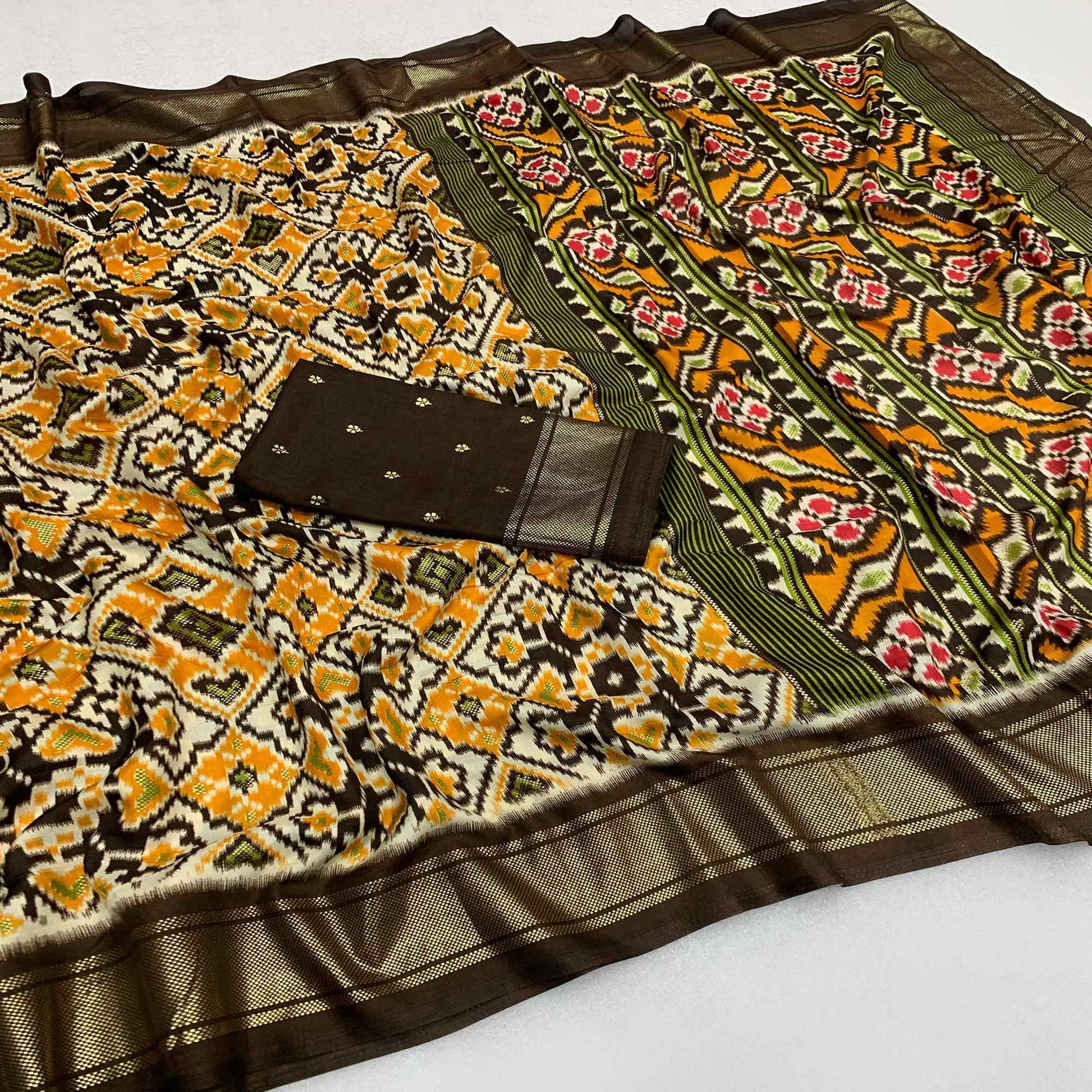 Brown Patola Printed Dola Silk Saree