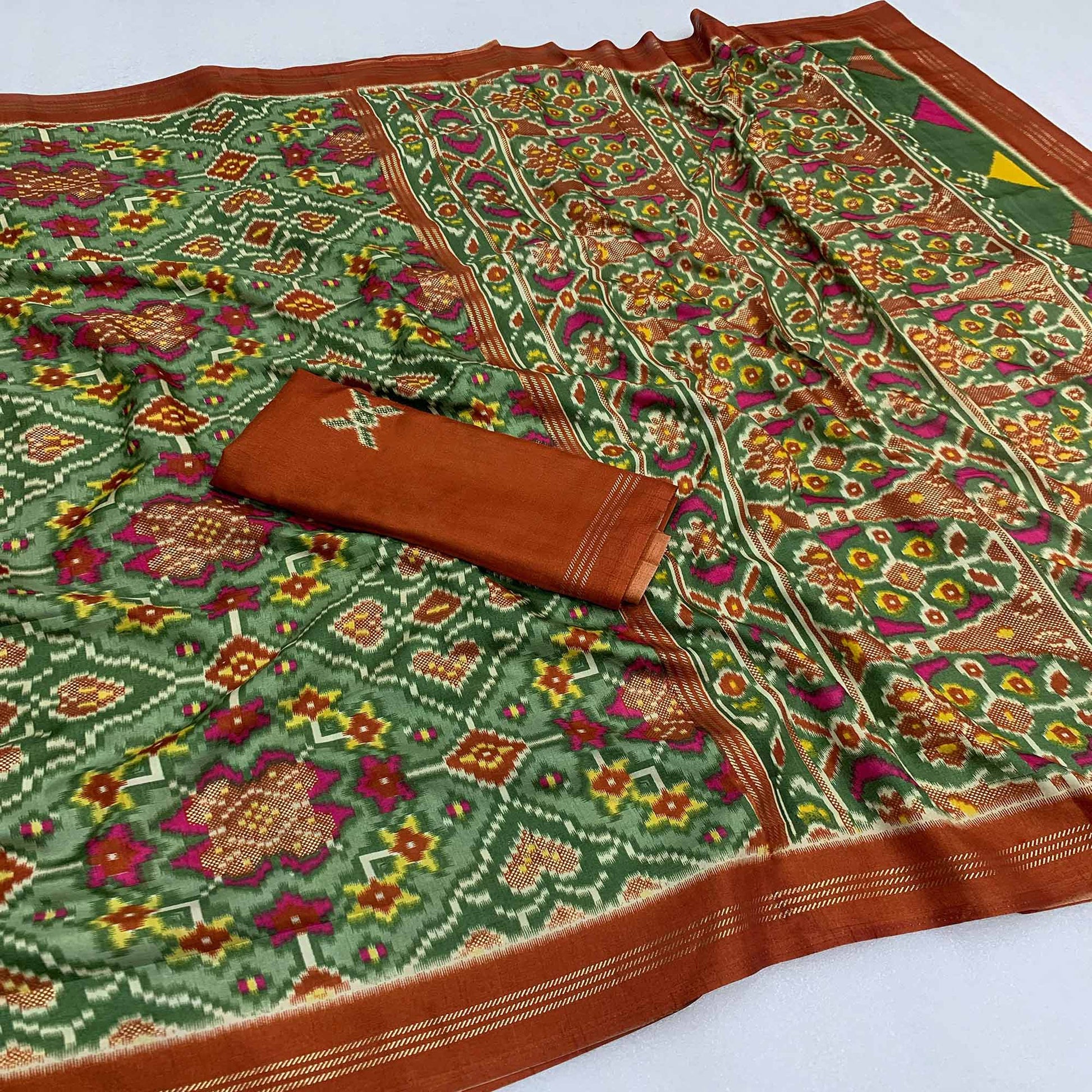 Dusty Green Patola Printed Dola Silk Saree